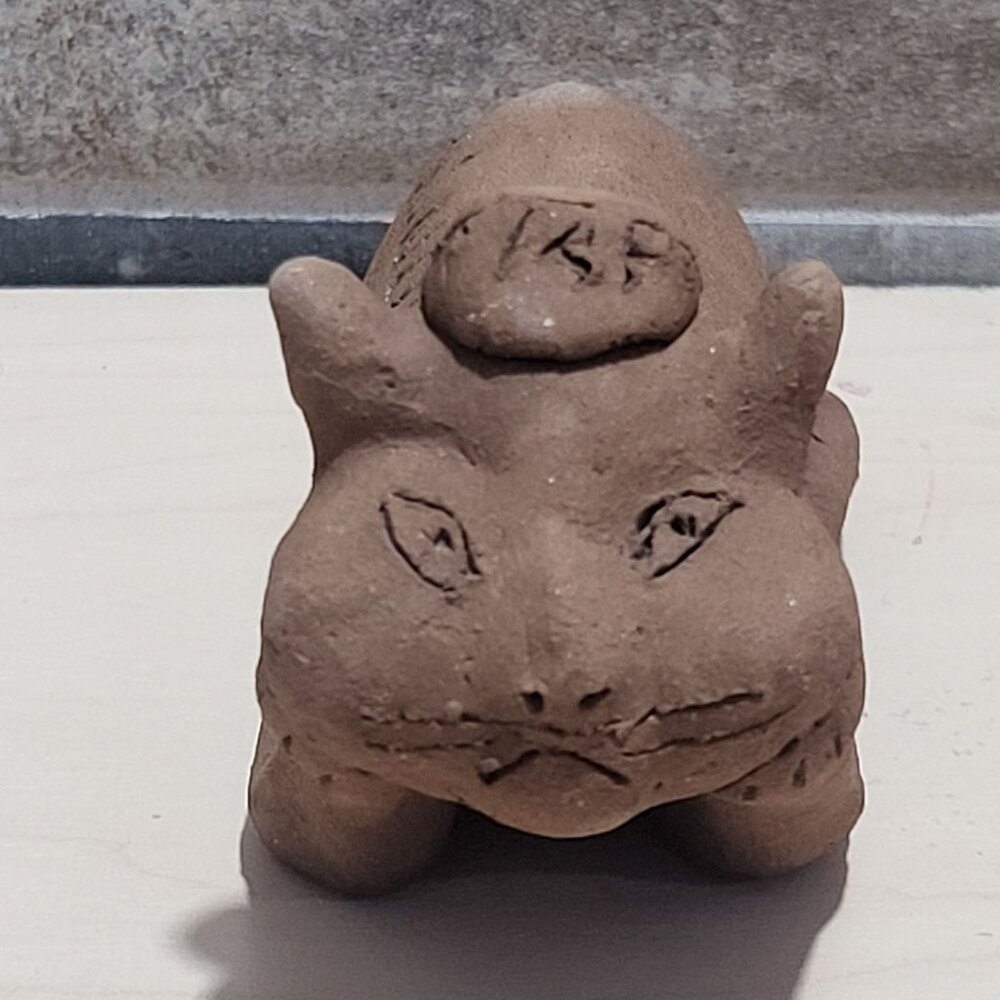 Terracotta Brown Clay Crouching Cat Figurine